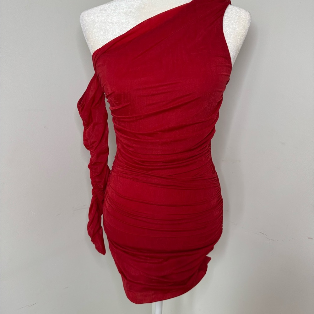 Zara Red Draped Asymmetrical One Shoulder Ruched Mini Dress Size Small